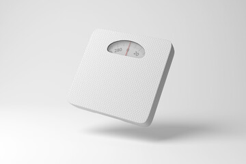 White analog weight scale floating in mid air on white background in monochrome and minimalism. Illustration of the concept of body mass index (BMI), diet and health
