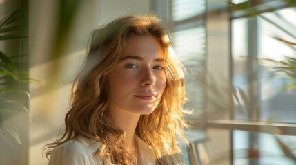 Radiant Young Woman with Freckles Enjoying Golden Hour Light Indoors, Tranquil Beauty Portrait