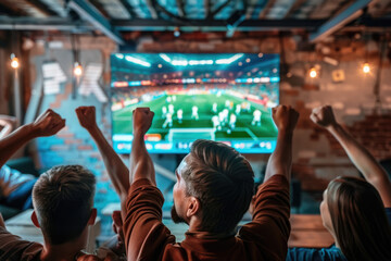 Group of Football Fans Watching a Live Match Broadcast in a Sports Pub on TV, support their...