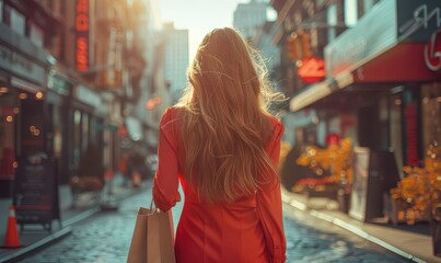 A beautiful young woman wearing a red slim dress and holding shopping bags is walking in the...