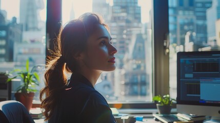 Young Professional Woman Contemplating in Modern Office with Cityscape Background at Sunset
