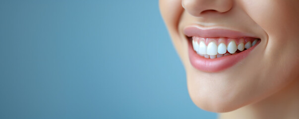 Healthy and beautiful smile of a satisfied woman. Dental hygiene and healthy teeth concept banner.