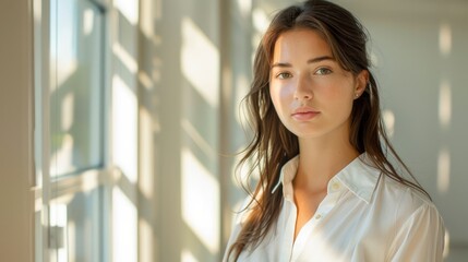 Fototapeta premium Portrait of a Young Woman in Soft Natural Lighting with Serene Expression and White Shirt