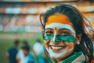 Happy Indian woman supporter with face painted in India flag colors