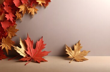 A light pink design background with dry maple leaf, AI generated