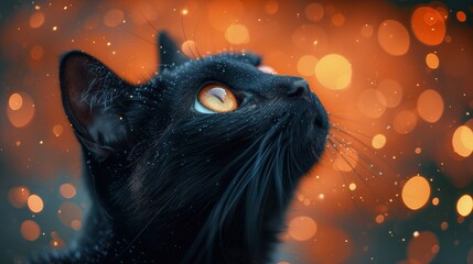 Czarny kot spogląda w górę na tle pomarańczowego bokeh. - obrazy, fototapety, plakaty