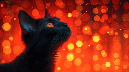 Czarny młody kot patrzy w górę na copy space w imprezowym pomarańczowym tle. - obrazy, fototapety, plakaty