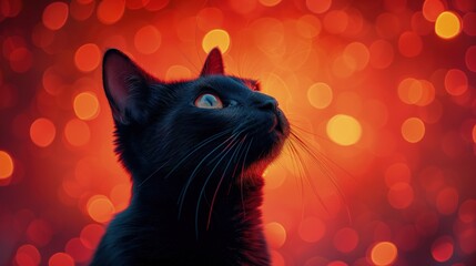 Czarny kot opatruje spojrzeniem niebo.