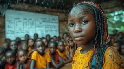 Młoda dziewczynka stoi na pierwszym planie, przed nią widoczna jest grupa innych dzieci. Szkoła w Afryce podczas deszczu