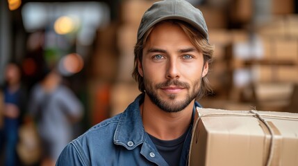 Mężczyzna dostawca trzymający pudełko na ulicy