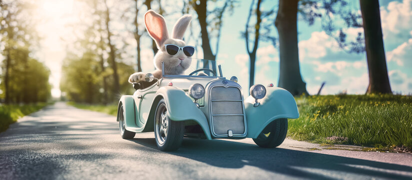 Easter Bunny in Sunglasses Driving Classic Roadster on Country Lane