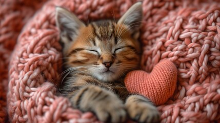 Różowy koc jest miejscem na którym kociak śpi bezpiecznie z serduszkiem na drutach - obrazy, fototapety, plakaty