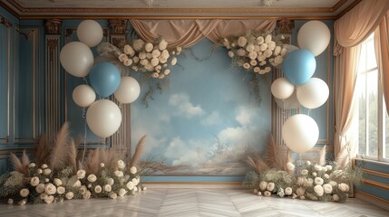 Pokój udekorowany balonami i kwiatami.