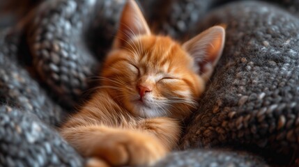 Mały pomarańczowy kociak śpiący na wierzchu kołdry.