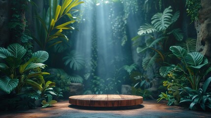 Obrazy na Plexi  Drewniana platforma znajdująca się w dżungli, otoczona gęstą roślinnością.