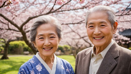 An elderly couple enjoys a moment of joy, surrounded by the delicate blush of cherry blossoms.  They stand in a serene park, celebrating the essence of spring and unity.