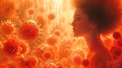 Kobieta stoi przed grupą pomarańczowych wirusów i bakterii - obrazy, fototapety, plakaty