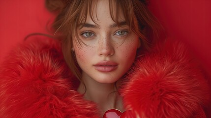 Młoda i piękna kobieta pozująca w jasno oświetlonym pomieszczeniu, nosząca czerwone futro i broszkę w kształcie serca. - obrazy, fototapety, plakaty
