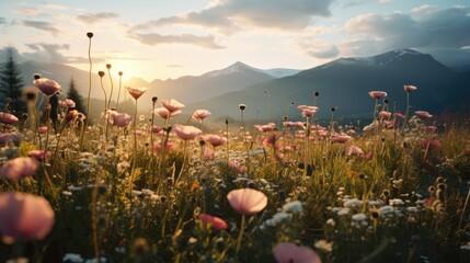 A vibrant meadow filled with wildflowers swaying in the breeze, radiating a sense of natural beauty and tranquility - obrazy, fototapety, plakaty