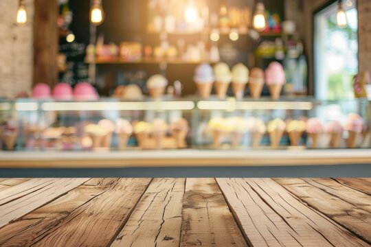Empty wooden table with blurred ice cream shop background 