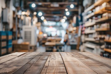 Obraz premium Empty wood table with blurred air conditioner shop background 