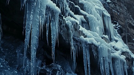 Dazzling icicles cling to rugged cliffs, sculpted by the delicate touch of freezing water.