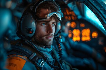 Portrait of a pilot of a military aircraft in mid-flight - obrazy, fototapety, plakaty