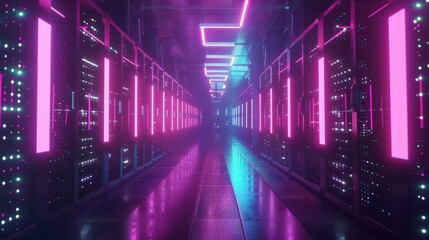 Modern Data Technology Center Server Racks in Dark Room with VFX, Visualization Concept of Internet of Things, Data Flow, Digitalization of Internet Traffic, Complex Electric Equipment Warehouse 