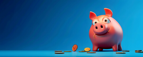 piggy bank and coins with a blue background. Generative AI