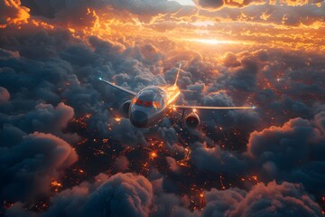 Commercial passenger aircraft flying through the sky at sunset on a cloudy day - obrazy, fototapety, plakaty