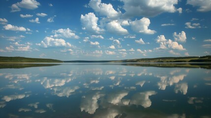 Pristine lake mirrors the azure sky, embracing the heavens in a tranquil embrace.