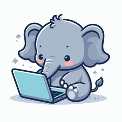 Flat Design Illustration of Joyful Elephant Playing with Laptop in Animal-Tech Concept