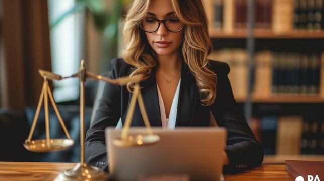Woman working laptop at office, Beautiful young woman in suit clothing using laptop at lawyer firm