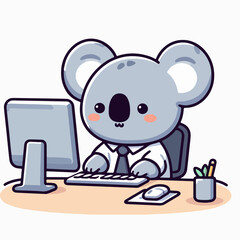 Flat design illustration featuring a koala working at a computer desk, blending nature with technology