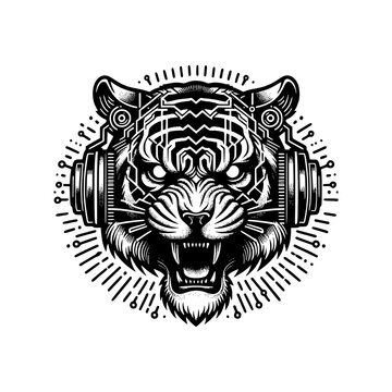 hand drawn art style retro head of furious tiger vector illustration