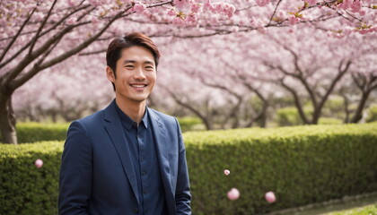 A cheerful Japanese man dressed in a bright blue suit stands against a magnificent background of cherry blossoms. With a confident smile, he enjoys the blissful atmosphere of the flowering trees.