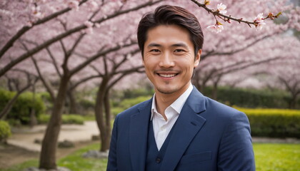 A cheerful Japanese man dressed in a bright blue suit stands against a magnificent background of cherry blossoms. With a confident smile, he enjoys the blissful atmosphere of the flowering trees.