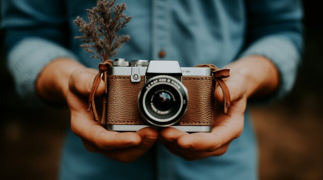 Photographer holding vintage film camera, retro concept image for sale on photo stock