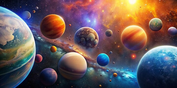A realistic depiction of a cluster of bright, colorful and animated planets. © Wasi