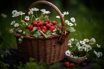 Ripe strawberries in a basket on green lawn with some berries spilled onto the grass