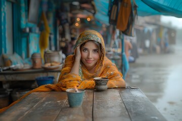 Indian woman drinking tea on a terrace in a traditional Indian street