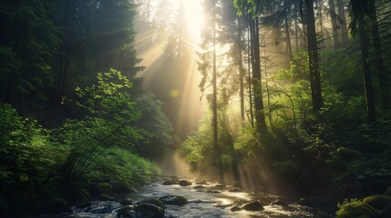 Fototapeta na wymiar Sunlight filters through misty cascades, illuminating the hidden treasures of lush, verdant forests.
