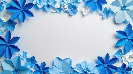 Fototapeta na wymiar Background of blue paper flowers with empty space for text or greeting card design
