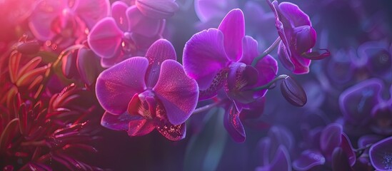 A close-up view of a bunch of purple orchid flowers arranged neatly in a transparent glass vase. The vibrant purple hues of the blooms stand out against the green stems and leaves, creating a striking - Powered by Adobe