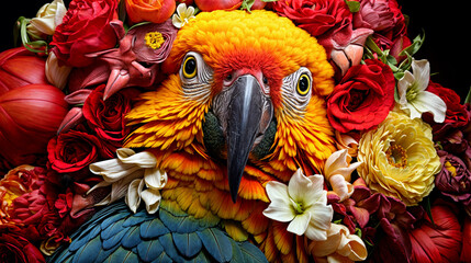 Enchanted Parrot Amidst Lush Floral Wonderland - A Vivid Tropical Dream