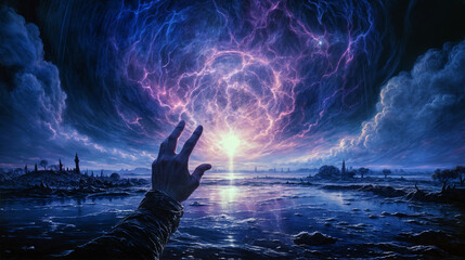 Majestic Twilight Vortex: A Hand Reaching for Cosmic Enlightenment over Surreal Landscape - obrazy, fototapety, plakaty