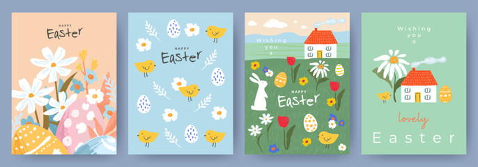 Fototapeta na wymiar Happy Easter Set of cute greeting cards, posters, holiday covers or banners. Trendy design with typography, hand painted flowers, plants, dots, eggs, Easter bunny and chick. Modern art style templates