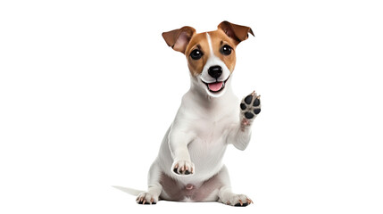 Portrait of cute puppy of Jack Russell Terrier rising hand towards camera isolated on white or transparent background