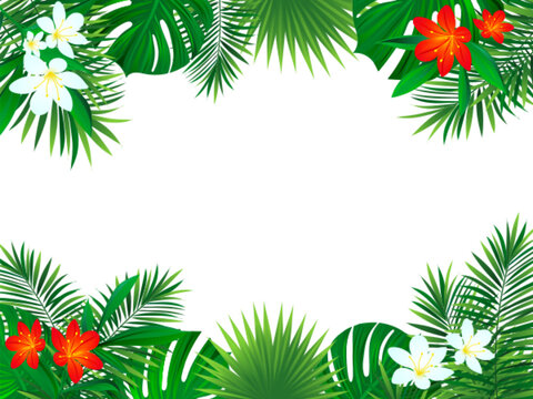 Floral tropical frame. vector exotic flowers illustration. background with jungle plants, coconut palms leaves. Horizontal rainforest border frame. beautiful tropic seascape. Summer vacation design.
