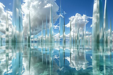 A network of biotech spires rises from the depths of a crystalline lake, their reflective surfaces mirroring the azure sky above. - obrazy, fototapety, plakaty